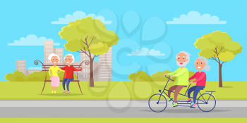 Grandmother and grandfather sit on bench and ride on bicycle together on background of skyscrapers in city park vector illustration