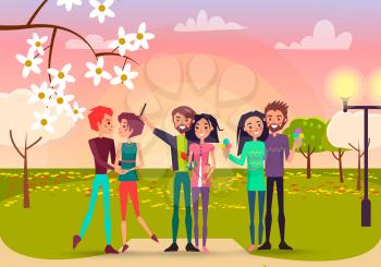 Three pair with rose and ice cream in spring park vector illustration. Enamored happy people makes selfie, admires each other