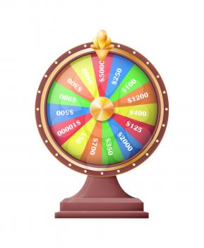 Wheel of luck or fortune wheels, automatic gambling machine vector illustration isolated on white background. Online casino realistic roulette