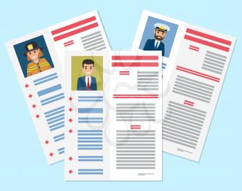 Career information leaflet flat vector. Job resumes pages with applicant portrait and personal data. Curriculum vitae or dossier. Profession presentation sheet illustrations for labor day concept