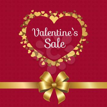 Valentines sale poster with heart made of golden stars, sparkling hearts elements on red background with decorative ribbon and bow in center at bottom