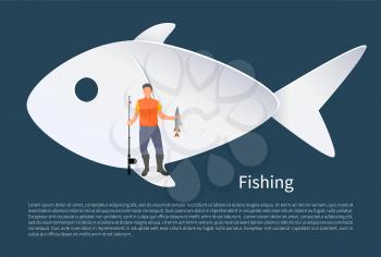 Fisherman with fish on background vector icon. Fisher fishing from flipper of pale fishery icon holding rod and pike in hands, sport and hobby theme