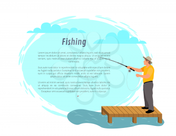 Fisherman with fishing rod on platform vector icon. Fisher catching fish isolated on blue with clouds silhouette, cartoon illustration, sport theme