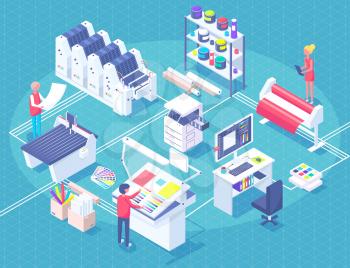 Printing house polygraphy industry isometric composition with human characters, plant and machinery and printer consumable images vector illustration.
