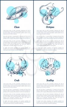 Clam and octopus, crab and scallop vector icons. Decorative images of ocean animals isolated on white with blue spots restaurant menu vintage template