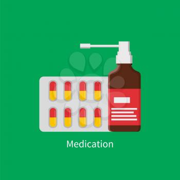 Medication poster with inhaler glass bottle and strip of pills. Capsules blister for treatment and patients recovery isolated on vector illustration