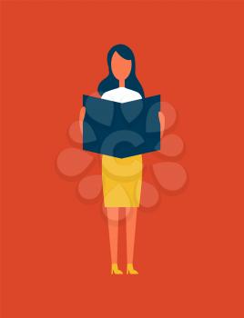Woman reading newspaper, holding daily publication in hands, lady wearing blouse and yellow skirt, vector illustration isolated on red background