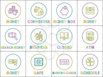 Online operation with money linear round icons set. E-commerce and Internet banking outline buttons for web app isolated flat vector illustrations.