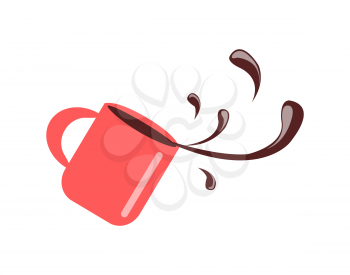 Cup with spilling coffee closeup, red mug with beverage giving energy in morning, falling container having handle isolated on vector illustration