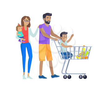 Family shopping together, mother holding newborn baby in hands, father pulling trolley with products and son sitting inside of it, vector illustration