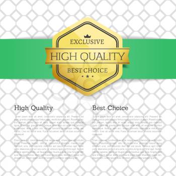 Exclusive high quality poster with strip for text sample. Golden label with ribbon on it. Premium products quality on pattern vector illustration
