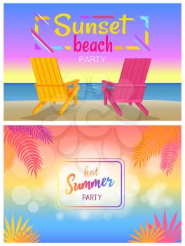 Sunset beach party hot summer days poster with sunbeds, pair of chaise-lounges on coastline vector illustration, summertime event adverts posters.