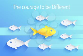 Courage to be different, risk taker fish icon. Set of white fingerlings swimming one way with yellow zooid moving other direction vector illustration