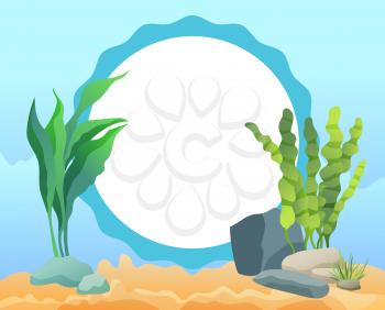 Funny cartoon oval photo frame card with sea weed, stones and corals and wave contoured space for photograph flat vector illustration on blue tint.