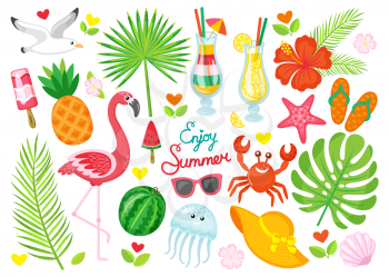 Enjoy summer poster set. Seagull and pink flamingo, cocktails with ice and straws. Fruits and palm tree leaves, marine animals vector illustration