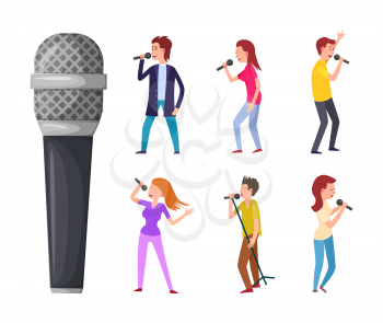Men and women singing, microphone and singers isolated vector characters. Pop artists or performers, celebrities sing songs and musical electric device