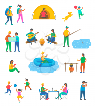 Travel, camping and tourists, outdoor activity vector. Tent and map, boy with dog, backpackers and fishing, boat and campfire, children with ball, lunch