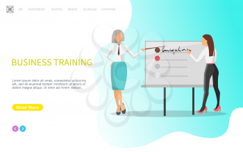 Business training, whiteboard with infographics vector. Presentation of people working at office, innovative ideas and solution of problems, teamwork. Website or webpage template, landing page in flat