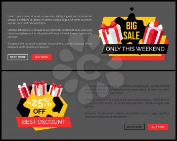 Shopping sale labels and presents, stickers on landing page. Promo price web site templates with advertising labels and gifts packed in wrapping paper