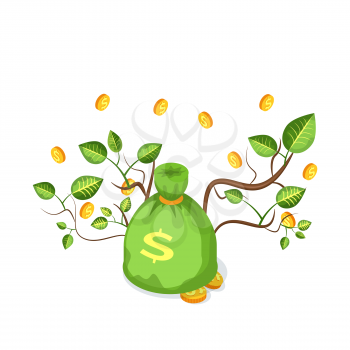 Green money bag with golden coins and branches with leaves, 3D icon of dollars on white. Cash with bucks and sticks, jackpot in big full sack vector