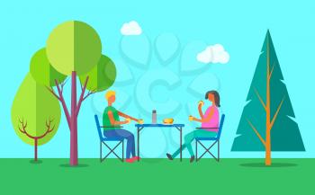Picnic outdoors vector, summer eating on nature in wood. Couple holding burgers and drinking tea from thermos, fast food on table. Trees and fair weather