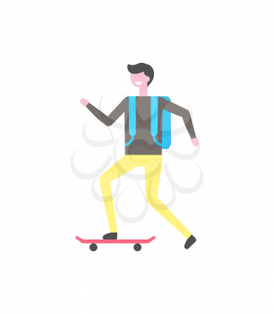 Student skating on skateboard, narrow equipment with two wheels vector isolated icon. Male skater ride on board, smiling cartoon character with backpack