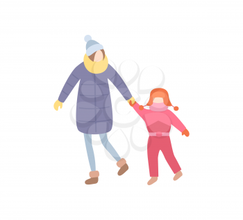 Mother with kid holding hand of daughter, family spending time outdoors vector. Woman and child wearing warm clothes, winter season cold days weather