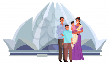 Indian family standing near Lotus Temple, smiling mother wearing sari holding daughter, father with son. Hinduism building, India landmark, church vector