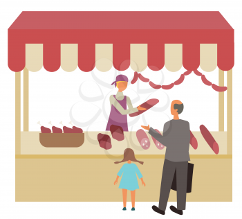 Grandfather and kid buying food on store vector, isolated seller butchery sausages and products. Counter with variety of items, showcase and veal eat