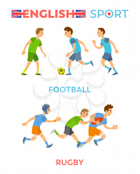 English sport vector, boys wearing special suits and costumes running and leading active lifestyle, football and rugby players, healthy youth flat style