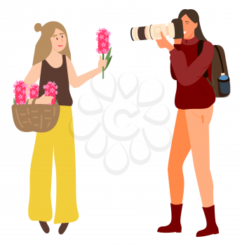 Photo session of woman holding pink flower in hands. Vector man shooting videos by camera, isolated male journalist correspondent, job of photographer