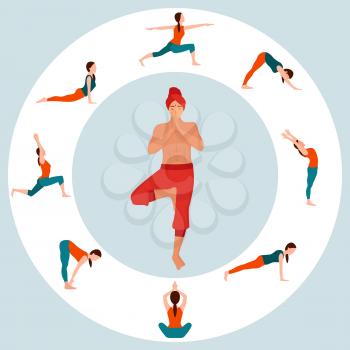 Woman and man practicing yoga vector, isolated people standing in poses. Asana balance and harmony, zen and aerobics gymnastics female and male flat style