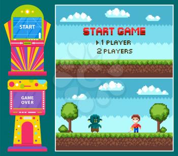 Pixel game, battle of knight with steel and geek. Gamble colorful machine, start and over icons, heroes duel, pixelated interface, green landscape vector