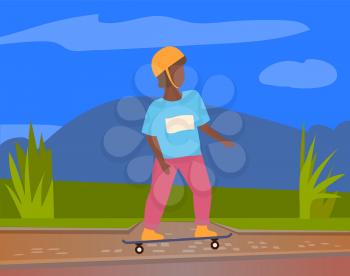 Skateboarder in protective helmet riding on board outdoors, vector cartoon style kid in city park. Skating teenager in protective headgear, green grass