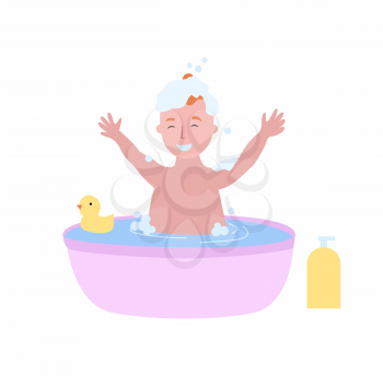 Boy bathing in bathtub full of foam, happy adorable child washing with yellow rubber duck isolated. Vector kid cleaning hair, shampoo or foam near bath