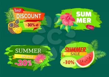 Best discount 30 percent banners vector. Tropical flowers and watermelon, propositions and selling out of products. Summer sale of goods, palm leaves