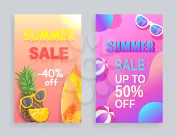 Summer sale off price posters set with proposals. Pineapple and fruit slice with sunglasses,, . Accessory and surfing board with palm tree print vector