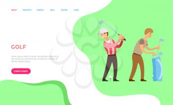 Golf player with helper ve?tor, man wearing special clothes for English game participation, person with stick ball hitting target ground. Website Website or webpage template, landing page flat style