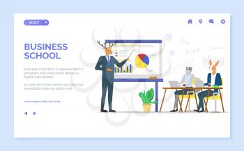 Business school gaining knowledge vector, deer standing by whiteboard, hipster animal with class, cat and kangaroo listening to tutor by board. Website or web page template, landing page flat style