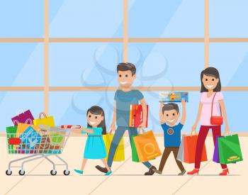 Happy family with two kids shopping. Parents with daughter and son making purchases in store. Little girl pushing supermarket trolley full of goods vector