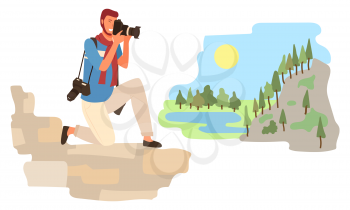 Tourist standing on one knee and making shoots on photo camera. Vector amazing landscape with mountains and trees, river lake and sun, man isolated on rocks