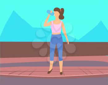 Woman drinking water from bottle, vector cartoon girl and beverage in plastic container. Amazing landscape of mountains and lady standing on brick floor