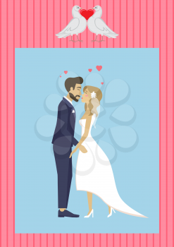 Wedding ceremony vector, man and woman kissing each other, bride and groom in love on special day, male and female cuddling, lady wearing bridal dress