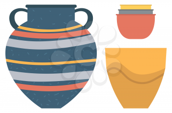 Pottery kitchenware, vase, clay bowls and flower pot isolated on white. Vector striped crockery container, ancient archaeological finds, ceramics