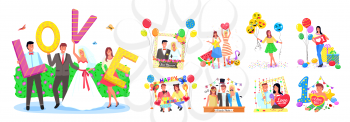 Set of photozones, accessorize, frames and decorations for different events like wedding or birthday party. Smiling people posing for photoes with balloons vector. Birthday, wedding or festival photo