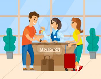 Administrator on reception giving keys from roof to man. Smiling travelers with luggage, man and woman tourist check into hotel, reservation table vector