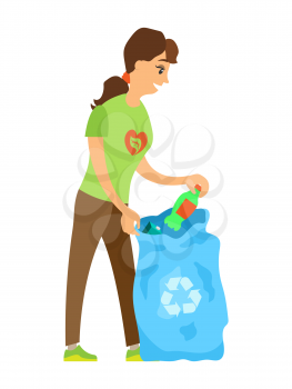 Woman volunteer holding bag with plastic, conversion of trash, activist scavenging, portrait view of volunteer character with bottle, globe caring vector
