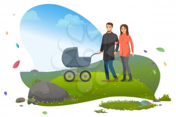 Father and mother with perambulator walking with kid inside vector, characters with newborn baby traveling. Travelers with child in buggy, nature mountains. Mountain tourism. Flat cartoon