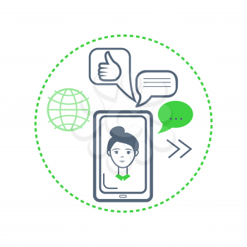 Woman face on smartphone, globe and ok sign, speech bubble and message sign, arrows in circle vector line art icons. Collaboration via Internet concept