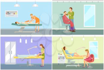 Spa salon massage and body wrap, cosmetician and barber shop, pedicure procedures. Vector beautician workers in spa salon, people in beauty room interior